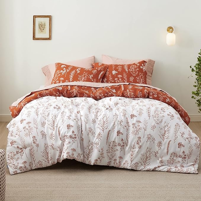 Bedsure Queen Comforter Set - Terracotta Bed Set, 3 Pieces Cute Floral Bedding, 1 Soft Reversible Botanical Flowers Comforter and 2 Pillow Shams