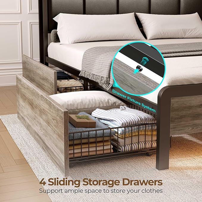 Rolanstar Bed Frame Twin Size with Charging Station and LED Lights, Upholstered Storage Headboard with Drawers, Heavy Duty Metal Slats, No Box Spring Needed, Easy Assembly, Vintage Grey and Black