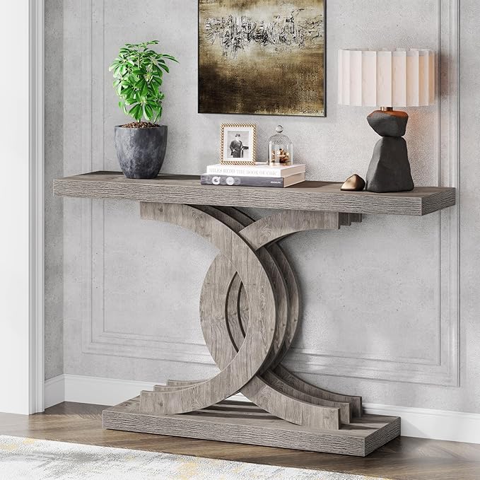 Console Tables Modern Farmhouse 39-inch Entryway Table with Geometric Base, Wooden & Metal Hallway Table for Entrance, Living Room (Grey)