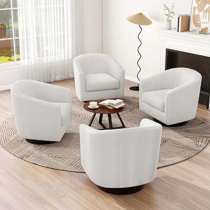 UIXE Swivel Accent Chair, Upholstered Corduroy Barrel Chair for Living Room, Small Single Sofa Bedroom Reading Seat, Set of 4, Beige