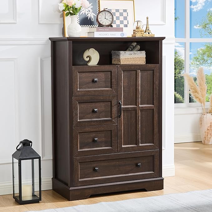 4+1 Cherry Dresser for Bedroom, Chest of Drawers for Bedroom with Wooden Drawers and Cross Door, Wood Dressers Storage TV Stand for Bedroom, Living Room