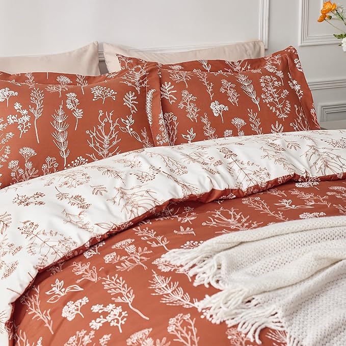 Bedsure King Comforter Set - Terracotta Bed Set, 3 Pieces Cute Floral Bedding, 1 Soft Reversible Botanical Flowers Comforter and 2 Pillow Shams