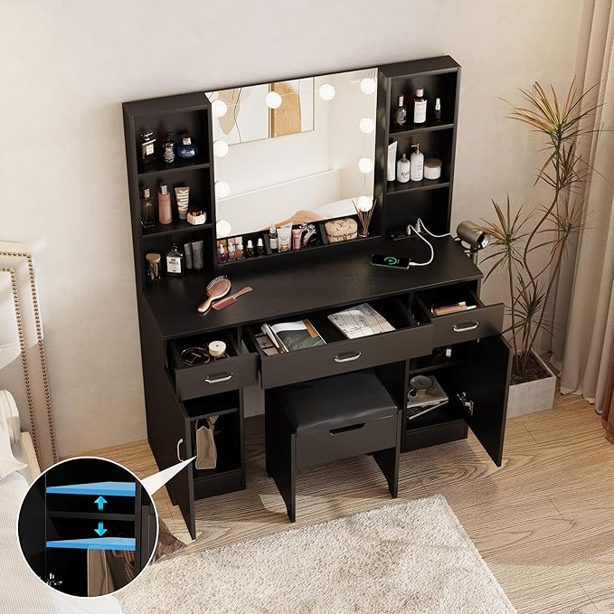 Makeup Vanity Table with Lighted Mirror & Outlets, Large Vanity Set Vanity Desk with Lots of Storage, 9 Drawers, 3 Lighting Modes Brightness Adjustable, 45inch