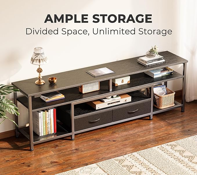 Huuger TV Stand for 65 70 Inch TV, Entertainment Center with Power Outlets and LED Lights, TV Console for Living Room, Media Console with Drawers and Shelves, Black