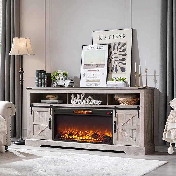 OKD Fireplace TV Stand for 80 Inch TV, 33" Tall Highboy Farmhouse Entertainment Center w/ 36'' Electric Fireplace, Rustic Media Console w/Sliding Barn Door for Living Room, Light Rustic Oak