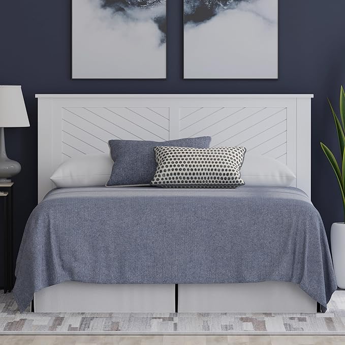 Serene Poplar Wood Full Headboard, Modern Farmhouse Panel with Chevron Scoring, Full Size Headboard in White, Casual Coastal Style, Easy Assembly, Quality Materials