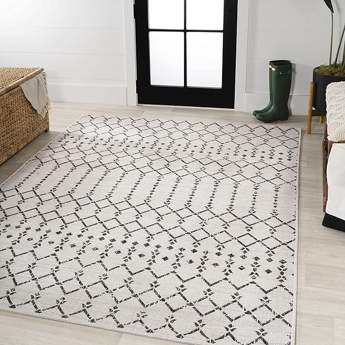 JONATHAN Y Moroccan Geometric Indoor Outdoor Area Rug 9X12 Cream/Black, Ourika Textured Weave for Backyard, Patio, Porch, Easy-Cleaning, High Traffic, Pet-Friendly, Non-Shedding (SMB108I-9)