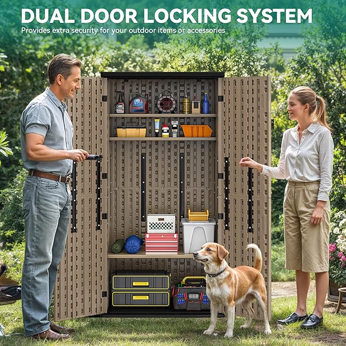 YITAHOME Outdoor Tall Storage Cabinet with 4 Shelves, Waterproof Resin Vertical Tool Shed, Lockable 30 cu. ft. Storage Shed for Patio, Garden, Yard, Brown