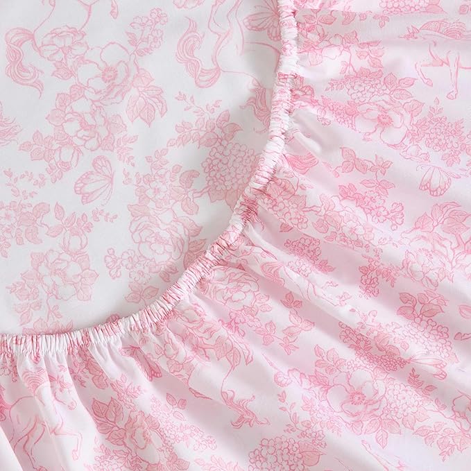 Laura Ashley Kids - Queen Sheet Set, Soft & Wrinkle-Resistant Toddler Bedding Set, Deep Pockets, Girl Bed Sheets with Matching Fitted Sheet & Pillowcases (Toile Unicorn Pink)