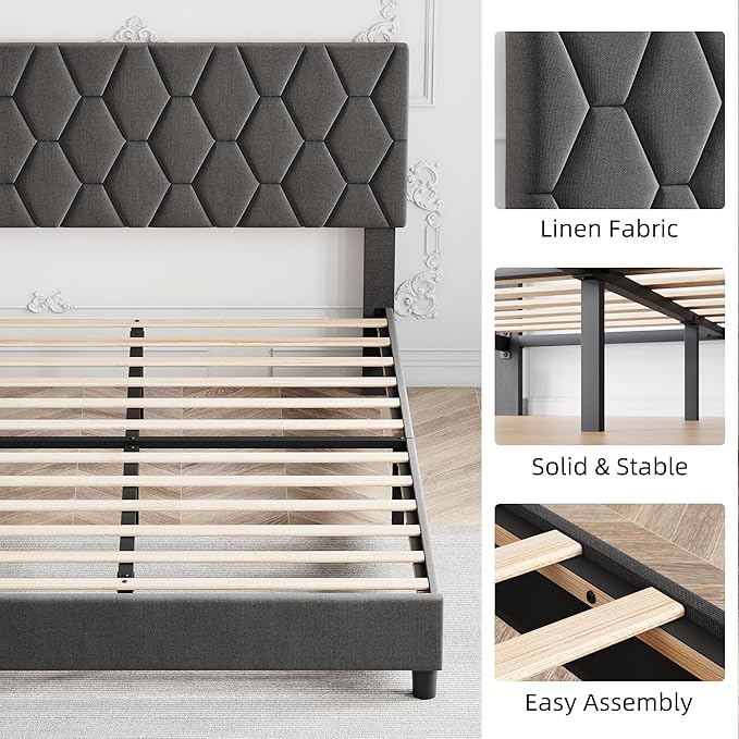 GAOMON Grey Queen Bed Frame with Upholstered Headboard, Heavy-Duty Platform Bed Frame with Strong Wood Slats, No Box Spring Needed/Easy Assembly/Noise Free