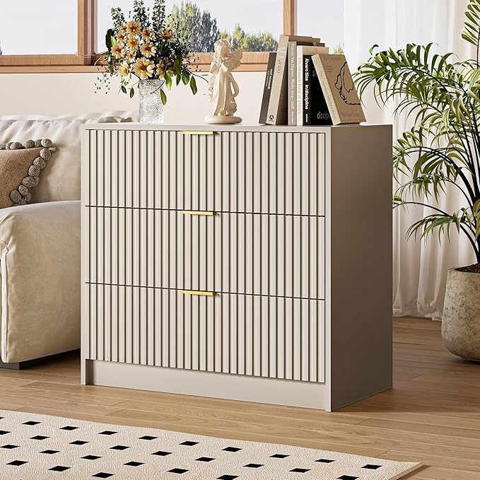 Fluted Dresser for Bedroom, 32 Inch Wide Nightstand with Large Drawer, 3 Drawer End Table for Bedroom, Living Rooms, Offices, and Entryways, Beige