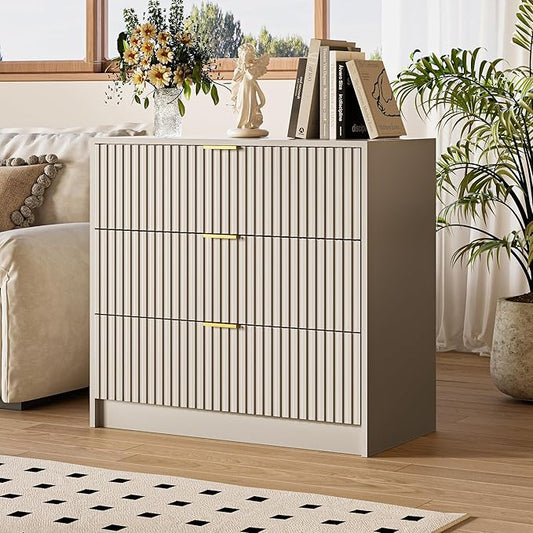 Fluted Dresser for Bedroom, 32 Inch Wide Nightstand with Large Drawer, 3 Drawer End Table for Bedroom, Living Rooms, Offices, and Entryways, Beige
