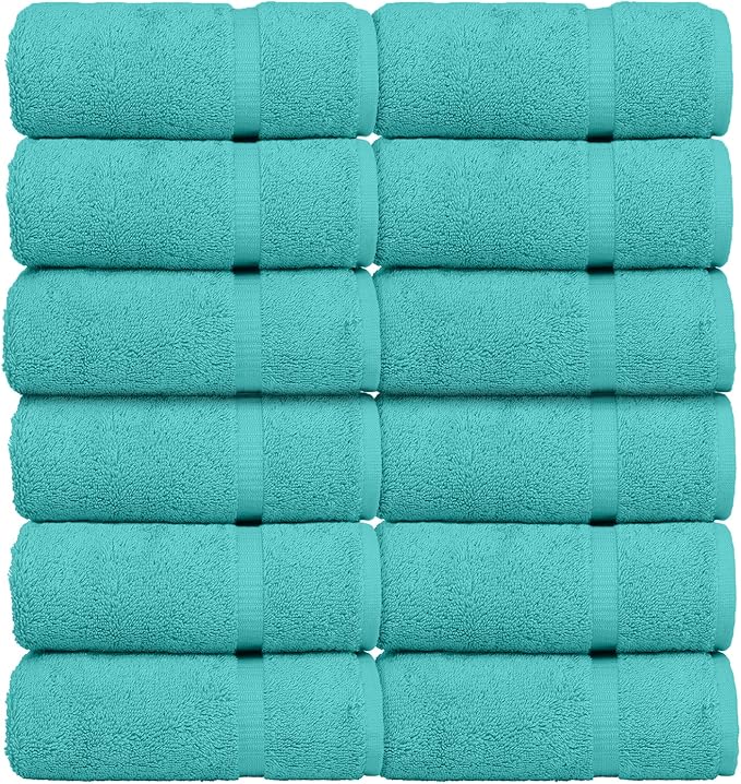 Luxury Hotel & Spa Collection, 100% Turkish Cotton 700 GSM Cloth, for Body wash, Makeup & Facial Cleaning, Baby, face, loofah, Dobby Border Soft washcloths Towel Set 13" X 13", Aqua Blue, Set of 12
