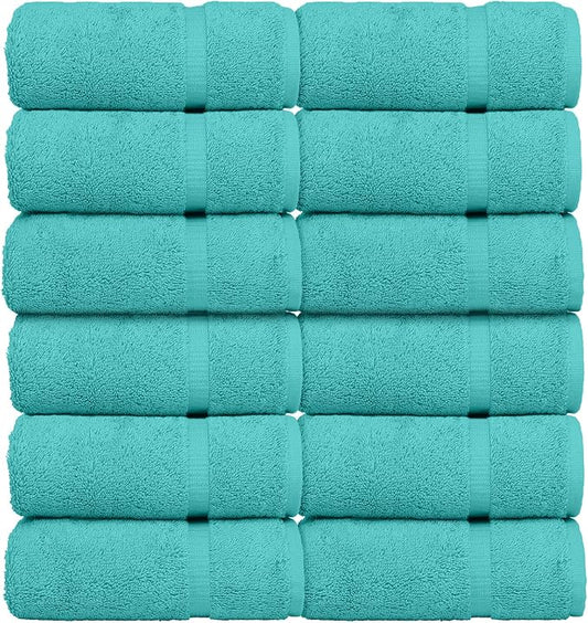 Luxury Hotel & Spa Collection, 100% Turkish Cotton 700 GSM Cloth, for Body wash, Makeup & Facial Cleaning, Baby, face, loofah, Dobby Border Soft washcloths Towel Set 13" X 13", Aqua Blue, Set of 12