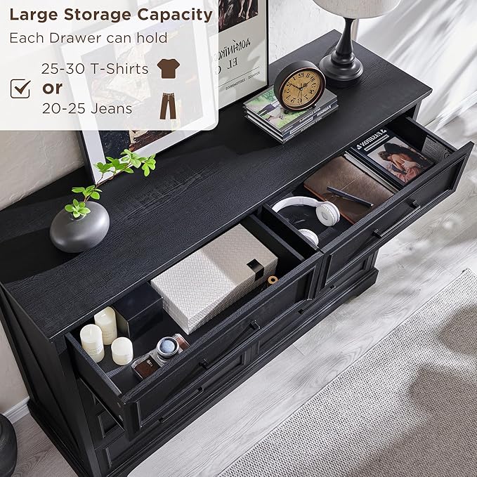 Farmhouse 8 Drawers Dresser Chests for Bedroom,52" Wide Wood Rustic Chest of Drawers with Metal Handle,Natural Texture,Drawer Organizer for Bedroom,Living Room,Hallway and Entryway,Black