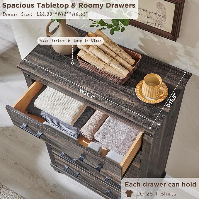 Farmhouse 5 Drawers Dresser for Bedroom, Wood Tall Chest of Drawers with Thick Plank Styling, Rustic Closet Dresser for Bedroom, Living Room, Dark Rustic Oak