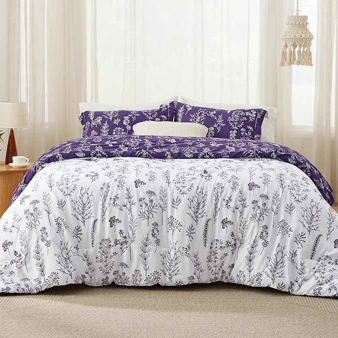 Bedsure Full Comforter Set - Dark Purple Bed Set, 3 Pieces Cute Floral Bedding, 1 Soft Reversible Botanical Flowers Comforter and 2 Pillow Shams