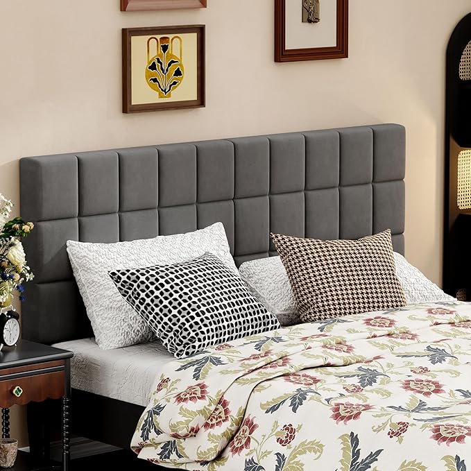 Andeworld Velvet Upholstered Tufted Queen Size Headboard,Wood Head Board with Metal Legs, Adjustable Height from 42” to 56”, Bed Headboard in Modern Design,Backboard for Bed, Dark Gray