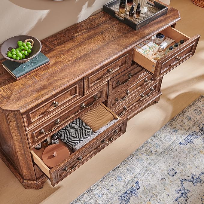 T4TREAM Farmhouse 9 Drawers Dresser for Bedroom, 54" Wide Wood Rustic Chest of Drawers with Natural Texture, Vintage Design, Storage Dressers Organizer for Bedroom, Living Room, Reclaimed Barnwood