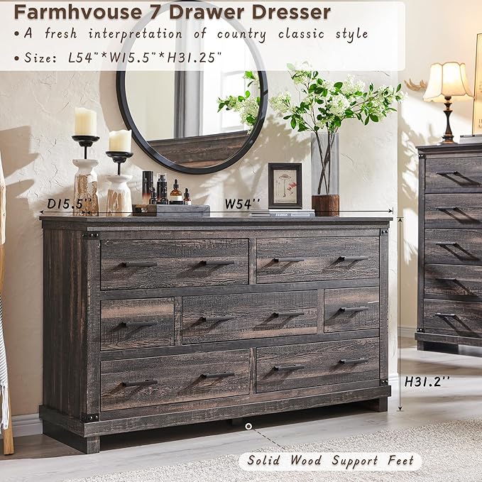 T4TREAM Farmhouse 7 Drawers Dresser for Bedroom, 54" Wide Wood Chest of Drawers w/Natural Texture & Metal Handle, Rustic Storage Dressers Organizer for Living Room, Hallway, Dark Rustic Oak