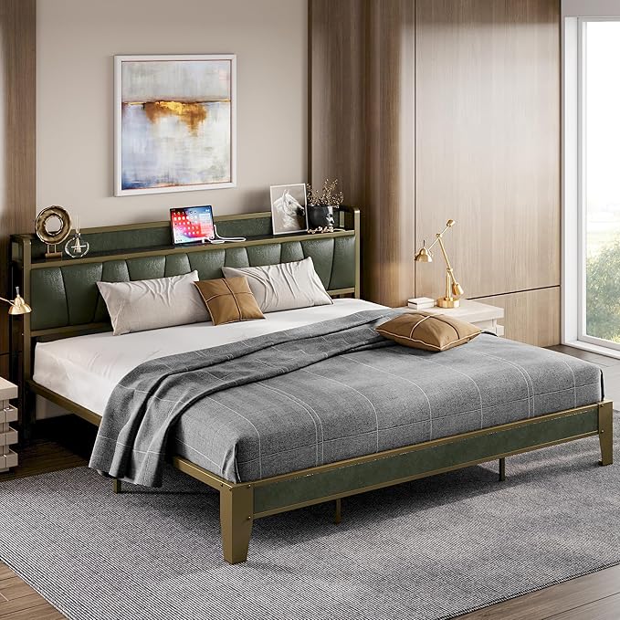 LIKIMIO King Bed Frame, Storage Headboard with Charging Station, Solid and Stable, Noise Free, No Box Spring Needed, Easy Assembly (Dark Green)