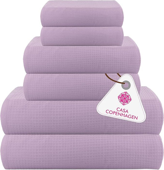 CASA COPENHAGEN Waffle Towel, 6Pieces 100% Cotton Large Towel Set- Purple Rose, 2Bath 2Hand 2Washcloths Instant Absorb and Dry, Soft Strong Towels for Hotel Spa Kitchen Bathroom & Shower