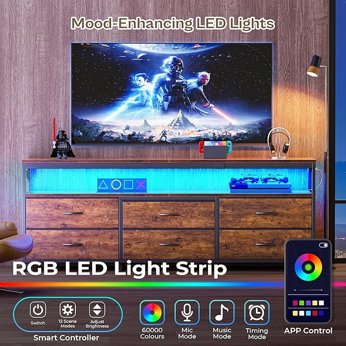 Huuger 63 Inch TV Stand for 55, 65, 70 Inch TV, Long Dresser TV Stand for Bedroom, LED TV Stand with Power Outlets, Rustic Fabric Drawer Dresser with Storage, Entertainment Center for Living Room