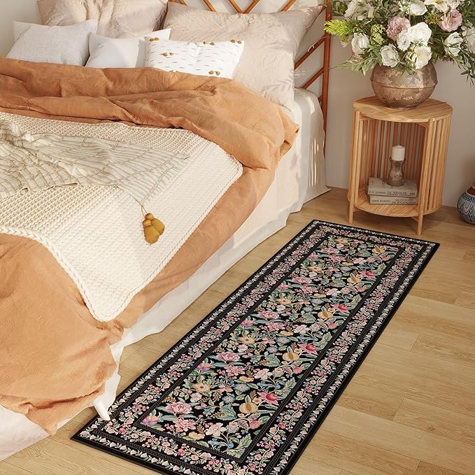 Runner Rug for Kitchen Rug Non Slip 2'x6' Washable Rugs with Rubber Backing Soft Vintage Floral Carpet Runner for Kitchen, Laundry, Bedroom, Bathroom, Black