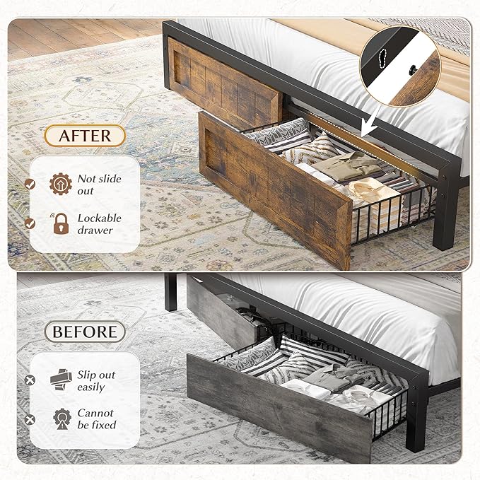 EnHomee Queen Bed Frame with 2 Storage Drawers, Built in Charging Station & LED Light,NO Noise,No Box Spring Needed,Rustic Brown