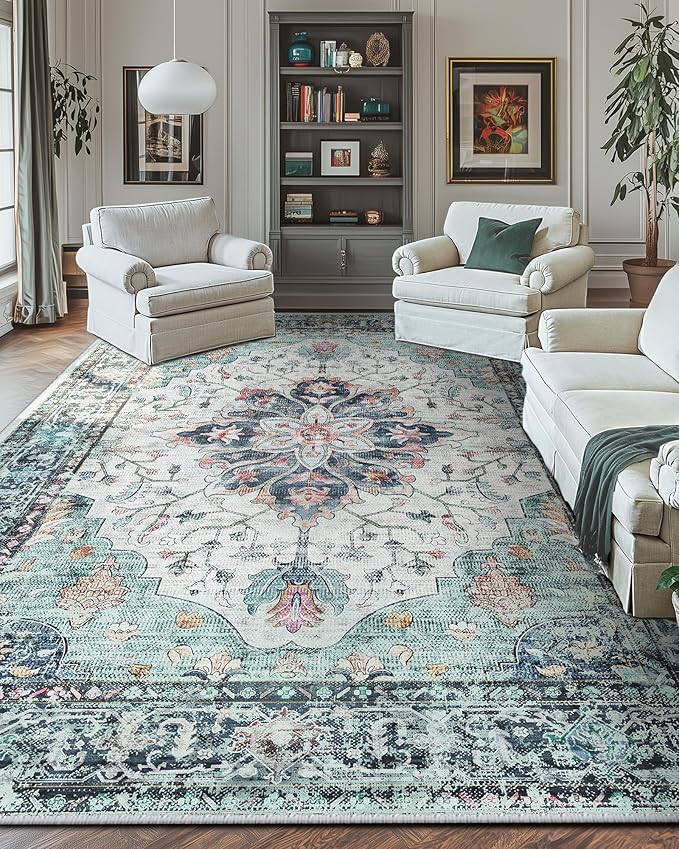 Area Rugs 10'x14' Washable Non-Slip, Floral Vintage Distress Print Pattern Medallion Carpet for Living Room Bedroom Dining Room, Green Navy Blue White Red Teal Colorful
