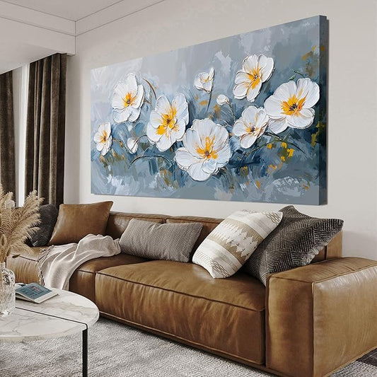 KUPTEU Canvas Wall Art Decor Large Wall Art Pictures for Living Room Oversized White Flowers Wall Art Prints Canvas Art Wall Decor Hallway Decorations Artwork for Walls Bedroom Home Decor 29" X 58"
