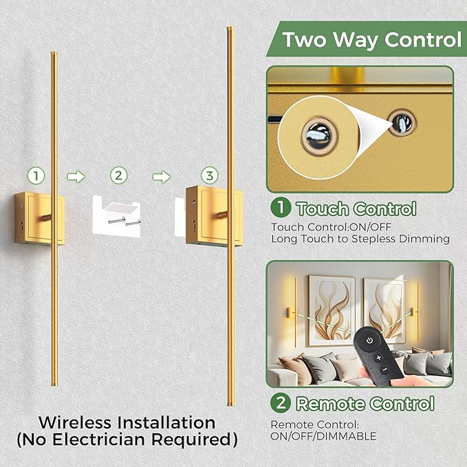 DORESshop Battery Operated Wall Sconces Set of Two with Remote Control, Rechargeable Wall Sconce, 350°Rotate Dimmable Wireless Wall Sconce for Living Room, Hallway, Bedroom, 31.6 Inch, Gold(2 Pack)