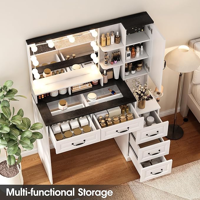 Vabches Makeup Vanity Desk with Lights and Mirror, Black Vanity Table Set with Charging Station, Glass Top Vanity with RGB Lights, Large Mirror with 3 Lighting Modes, 5 Drawers & Cabinet, 40.7in(L)