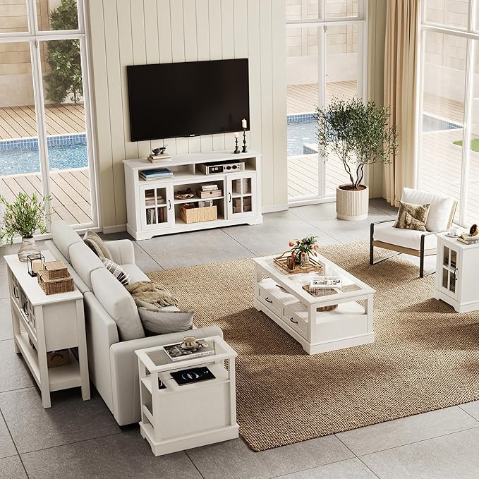 LINSY HOME TV Stand for 65 Inch TV, 32" Tall Entertainment Center with LED Lights and Glass Door Storage Cabinet, Modern Farmhouse Wood TV Media Console Table for Living Room, Bedroom, White