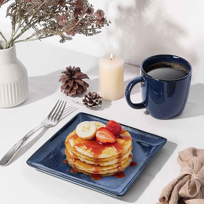 Herogo 12 Pieces Square Stoneware Dinnerware Set, Service for 4, Dinner Plates and Bowls Sets, Double Reactive Glaze Dishes Set for Kitchen, Scratch Resistant, Dishwasher Safe, Starry Blue