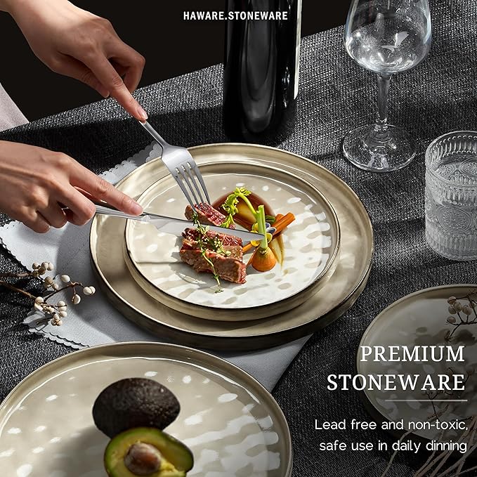 HaWare Dinnerware Sets, 18-Piece Plates and Bowls Set, Stoneware Dish Set for 6, Ceramic Dinnerware for Home Restaurant, Chip and Scratch Resistant, Microwave and Dishwasher Safe, Saturn Khaki