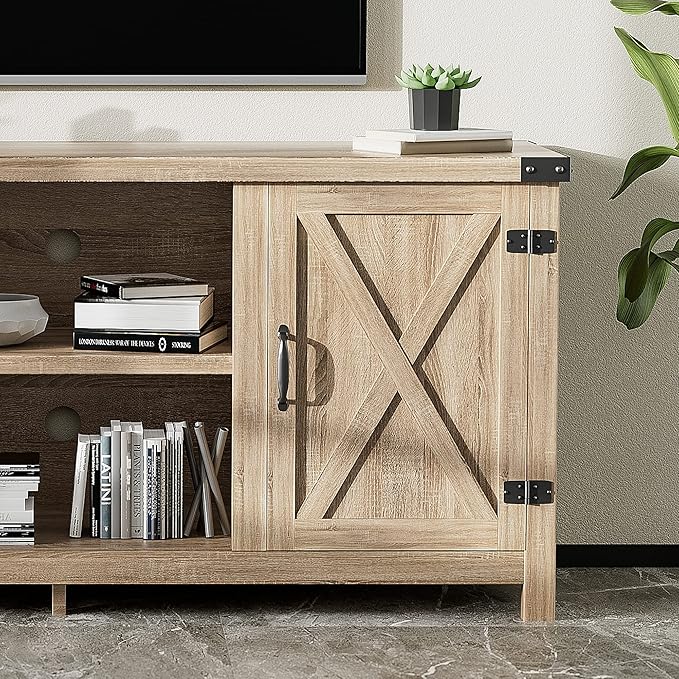 JUMMICO TV Stand, 65 Inch TV Farmhouse Entertainment Center with Double Barn Doors and Storage Cabinets, Console TV Table Media for Living Room, Bedroom (Pale Yellow)