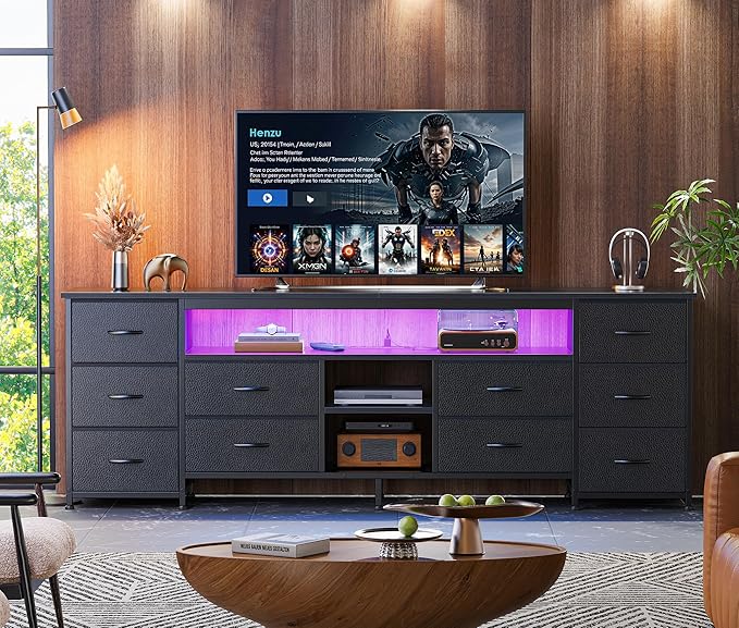 Huuger 70.9 Inch LED TV Stand Dresser with Power Outlets, USB-C Port and LED Lights, 10 Fabric Drawer Dresser for Bedroom, Long Entertainment Center for 75, 80 Inch TV, Open Shelves, PU Leather, Black