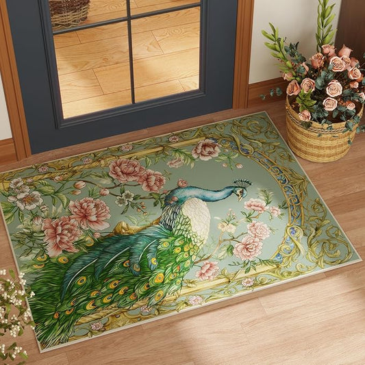 Door Mat Indoor Entrance 2x3 Rug Machine Washable Floral Peacock Animal Small Area Rug Non-Slip Low Pile Throw Rugs for Entryway, Kitchen, Front Door, Entry, Kids Room (Mint Turquoise)
