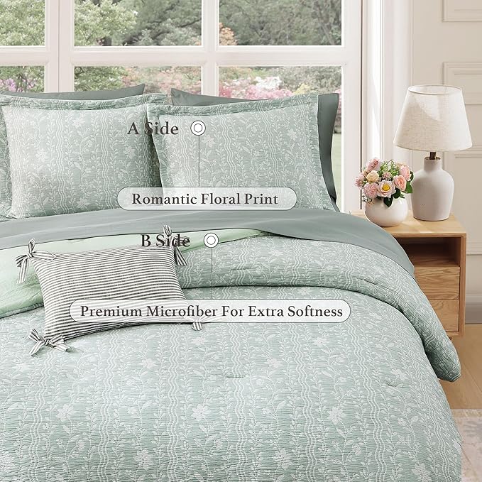 King Comforter Set -7 Pieces Green Floral Comforter Set for All Seasons, Bed in a Bag King with Botanical Flowers Comforter, Sheets, Pillowcases & Shams