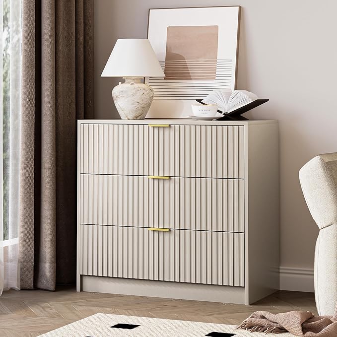 Fluted Dresser for Bedroom, 32 Inch Wide Nightstand with Large Drawer, 3 Drawer End Table for Bedroom, Living Rooms, Offices, and Entryways, Beige