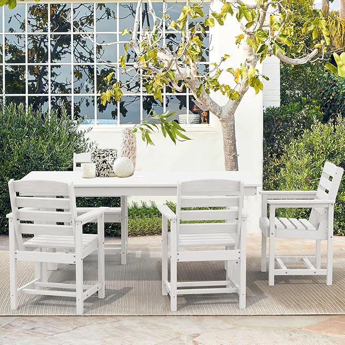 SERWALL Patio Table Set, Outdoor HDPE Dining Set with Umbrella Hole, 5-Piece - Table and 4 Chairs, All Weather for Lawn, Garden, Poolside, White