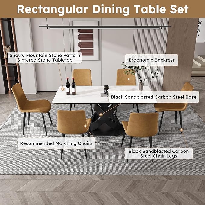 71" Modern Marble Dining Table with 8 Chairs, Sintered Stone Top for Kitchen, Dining Room, Dinette, Space Saving Design