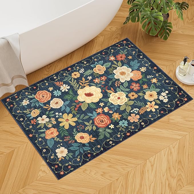 DUKINO 2x3 Rugs for Entryway, Floral Indoor Washable Door Mat, Non Slip Boho Small Rug for Kitchen, Soft Low Pile Front Door Throw Rug for Entrance, Bedroom, Kitchen, Laundry, Bathroom, Dark Blue