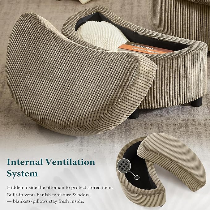 Swivel Accent Chair with Ottoman Comfy Reading Chairs for Bedroom Modern Corduroy Arm Chair 360°Swivel Barrel Chairs for Living Room,Apartment (Brown, 2)