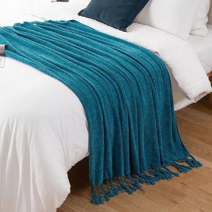 BATTILO HOME Teal Blue Throw Blanket for Couch, Bed, Sofa - Soft Cozy Chenille Throw with Fringe Tassels, Lightweight Knit Throw for Home Decor, 50"x60"