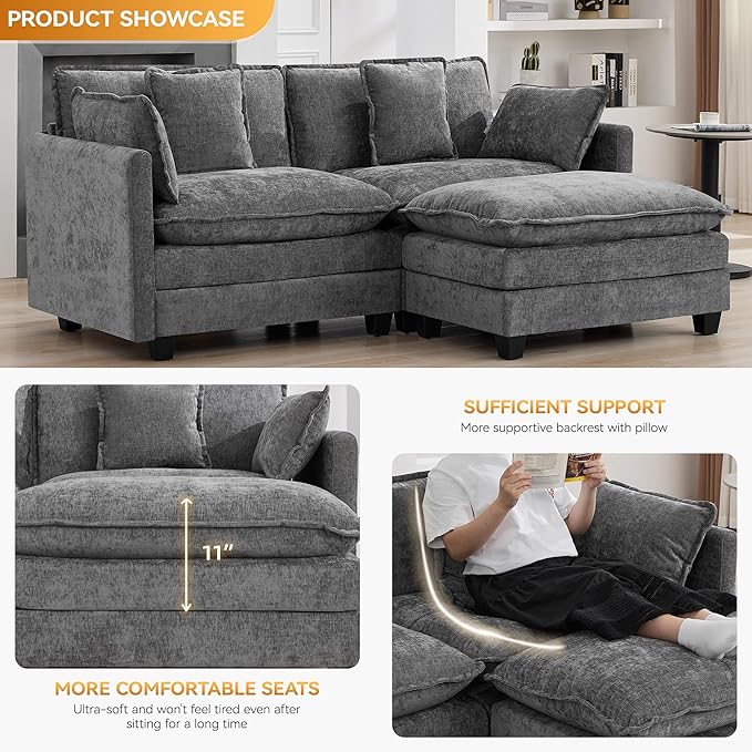 76'' Cloud Deep Seat Loveseat Sofa, Upholstered Chenille Modular 2-Seats Sectional Sofa Couch with Movable Ottoman, Modern Comfy Settee Loveseat for Living Room Set, Small Apartment, Grey