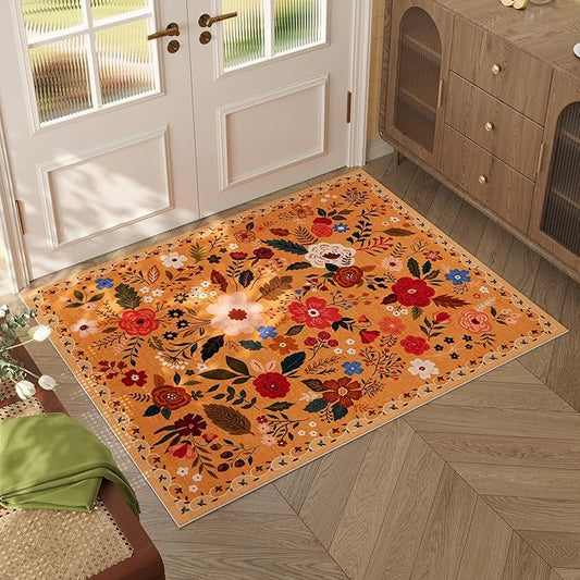 Door Mat Indoor Entrance 2x3 Rug Machine Washable Boho Floral Small Area Rug Non-Slip Low Pile Throw Rugs for Entryway, Kitchen, Front Door Indoor Entrance, Entry, Kids Room (Yellow)