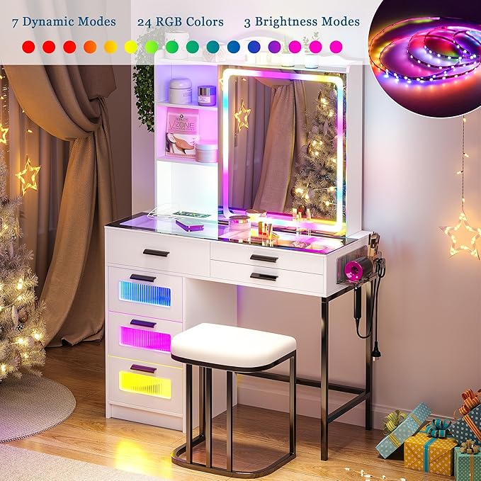 RGB Vanity Desk with Sliding Mirror and Lights, LED Makeup Vanitys with Charging Station, Glass Top Dressing Table Set with Jewelry Organizer,6 Drawers,Stool,Shelves for Bedroom(White)