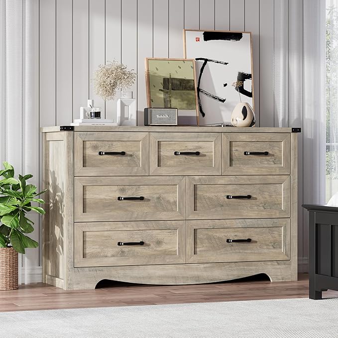 7-Drawer Dresser for Bedroom – 47" Wide Modern Wooden Chest with Natural Wood Texture, TV Stand & Storage, Metal Corner Brackets, Wood Drawer Organizer for Living Room, Hallway